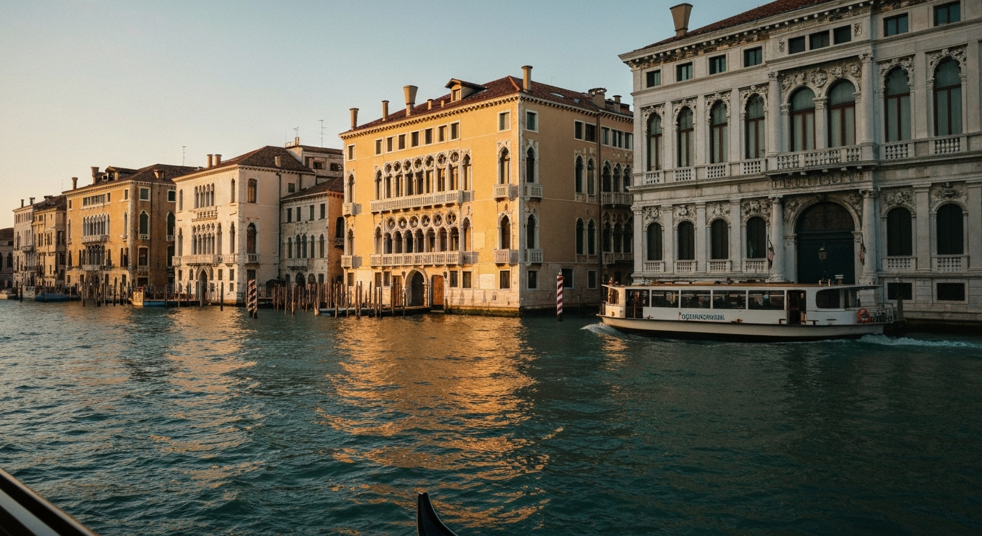 Late afternoon light on Grand Canal palazzo facades, viewed from a vaporetto near Ca' d'Oro