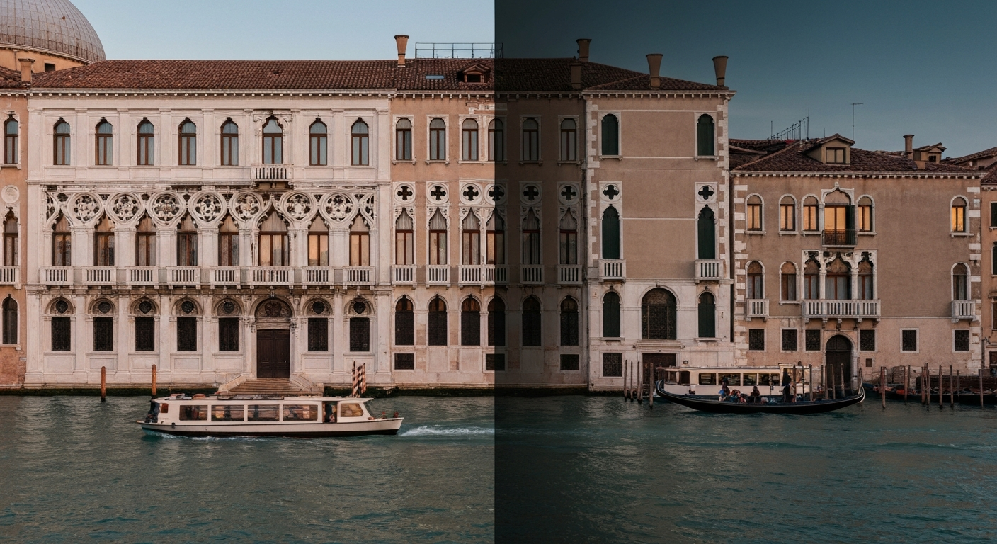 Grand Canal palazzo facade with Byzantine tracery windows in late afternoon light