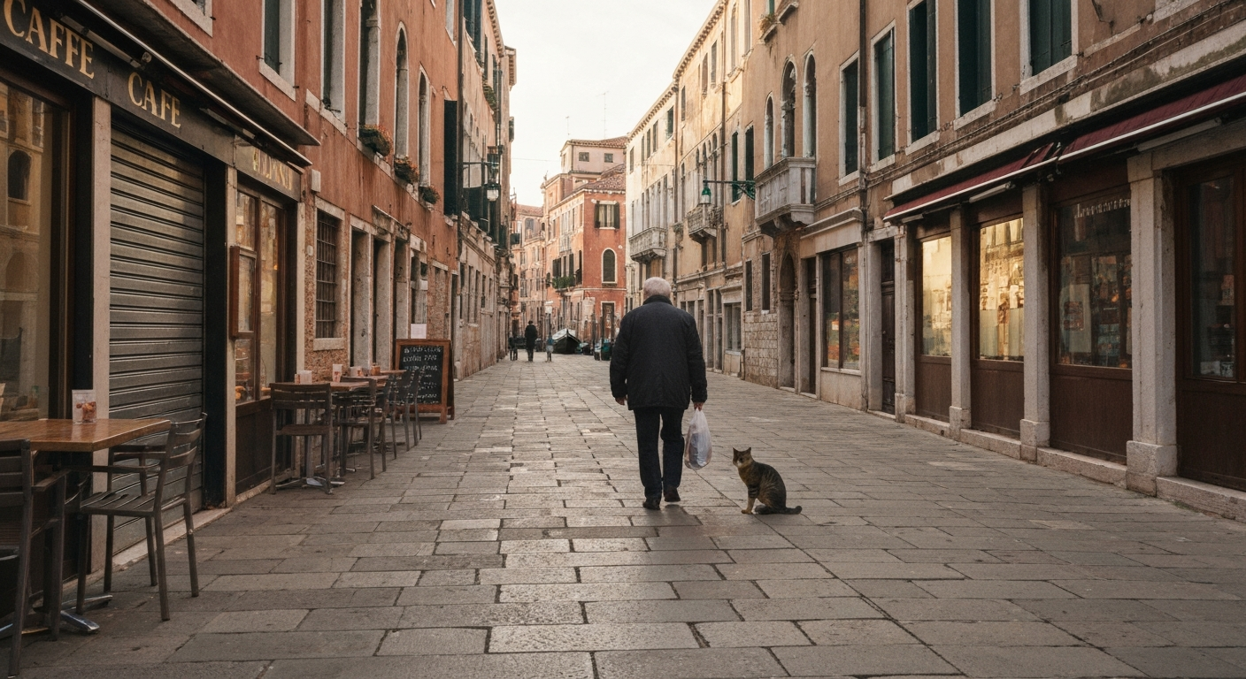 Fondamenta della Misericordia at 8am, one caffe open, warm low morning light on the canal