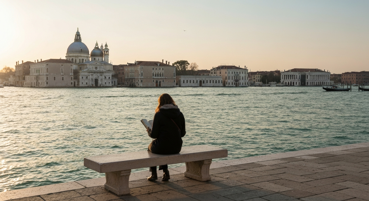 Zattere waterfront at 6pm with late afternoon gold light across to Giudecca