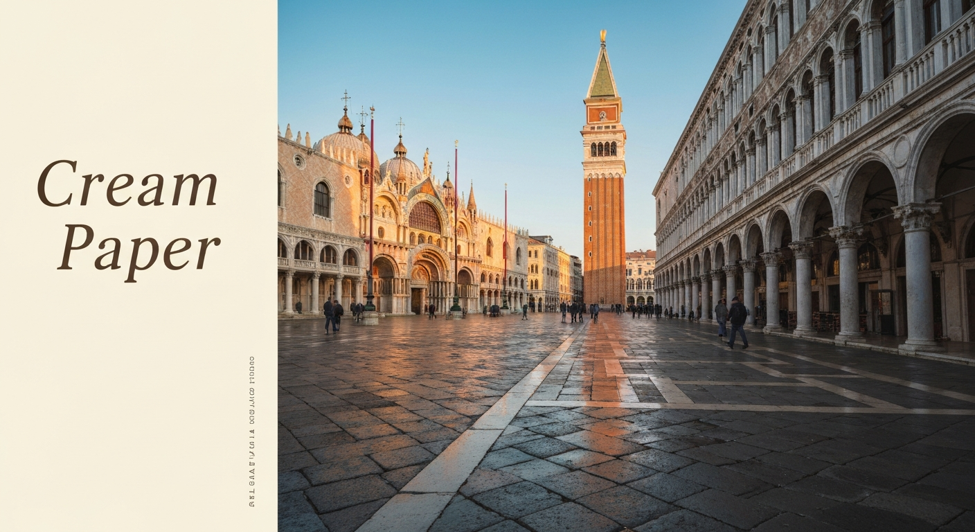 Piazza San Marco at 6:30am, empty of tourists, warm morning light on the Basilica