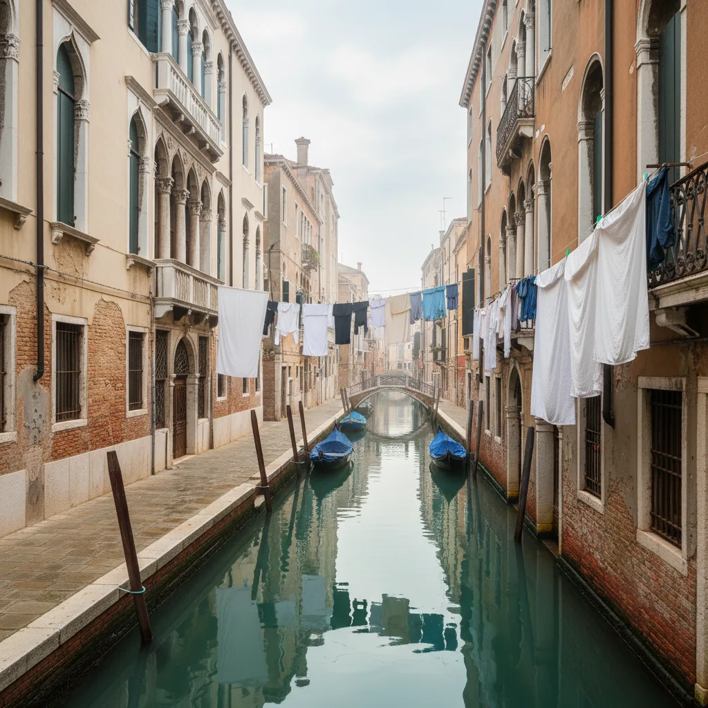A quiet Cannaregio fondamenta with washing strung above the canal, morning light