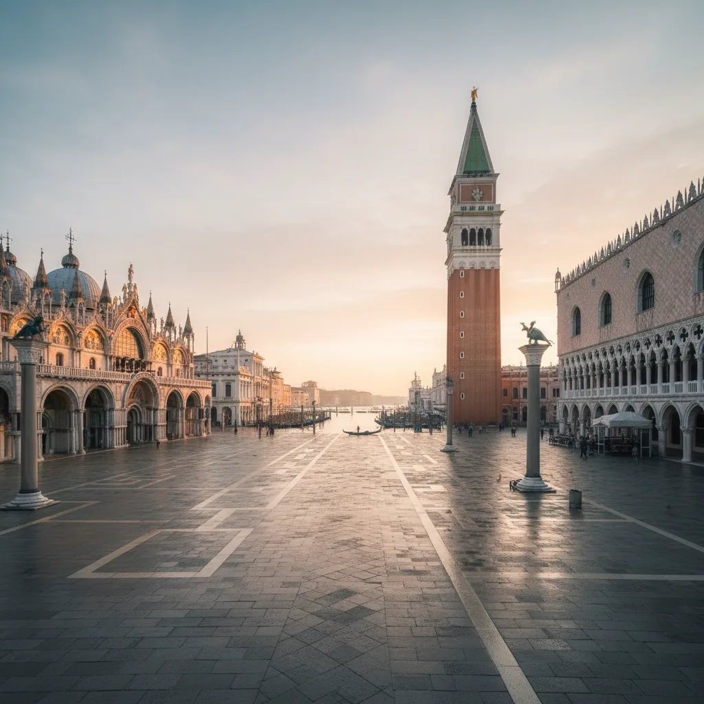 St Mark's Square at first light, the Basilica facade catching the sun, no crowds yet