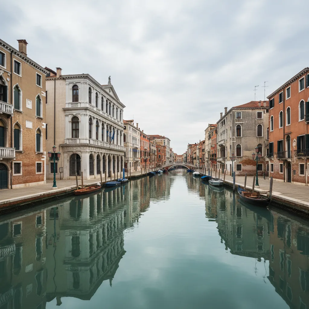 Santa Croce canal near Piazzale Roma, Ca Pesaro facade reflected in the water