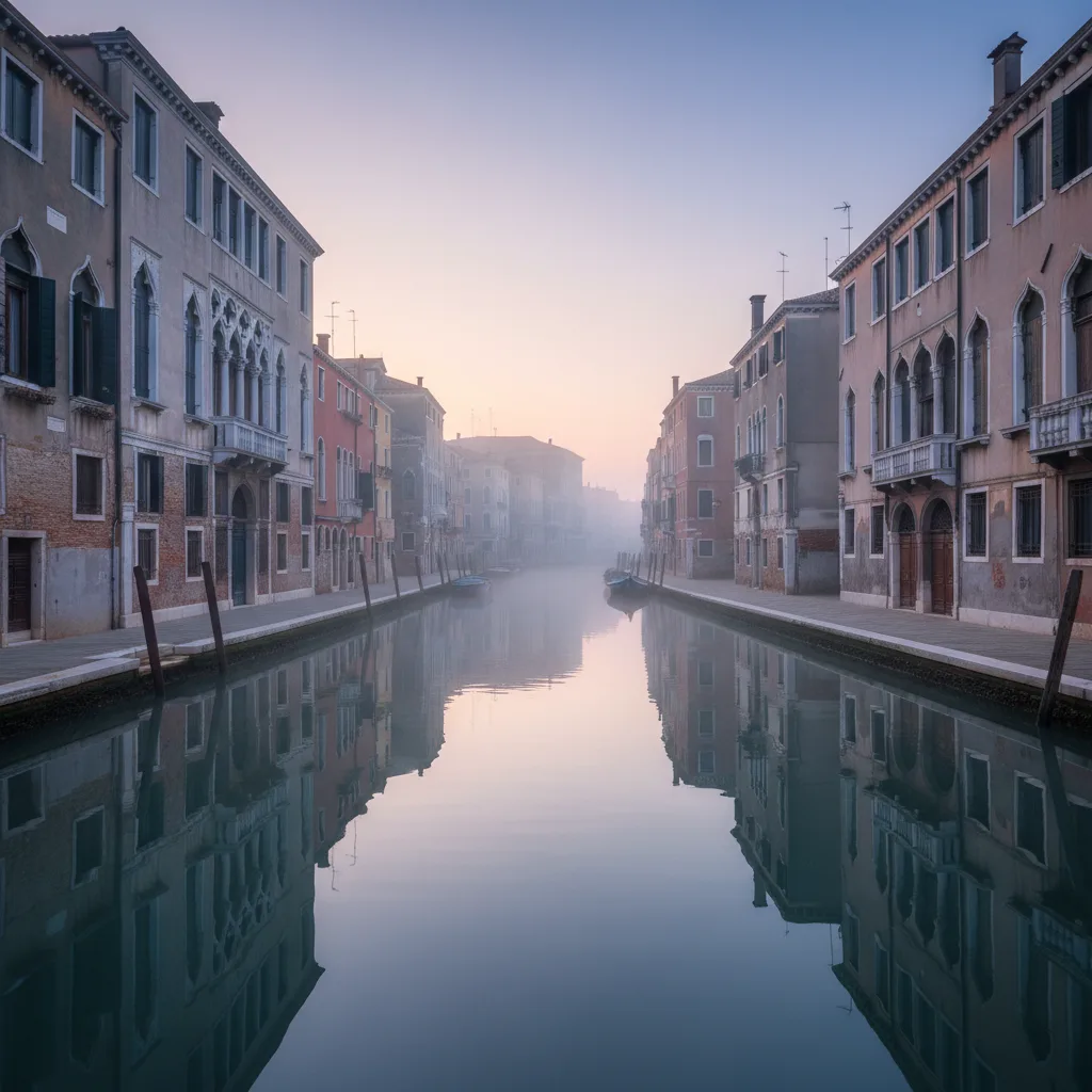 Quiet dawn canal in Venice with empty fondamenta