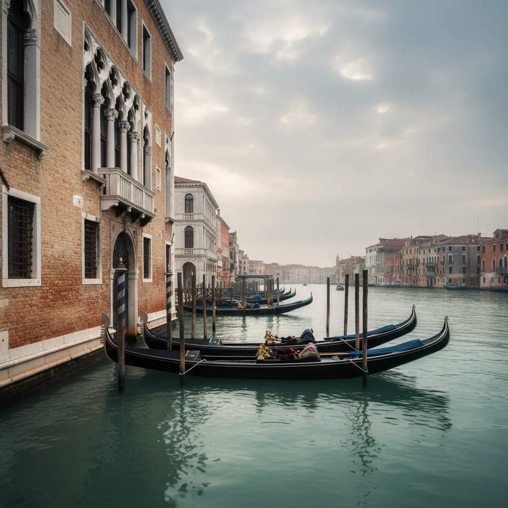 Venice canal at dusk with gondolas moored against a palazzo wall