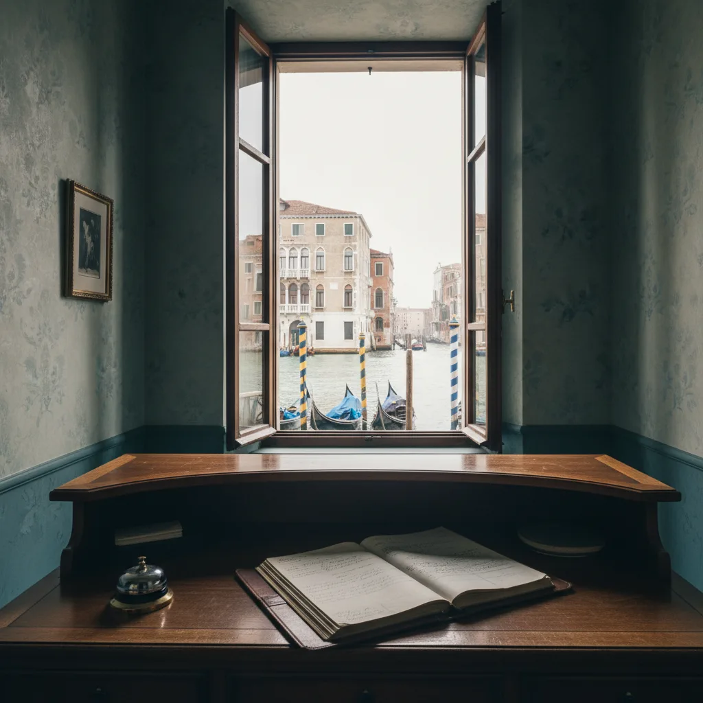 A small Venice hotel reception, a reservations ledger and a brass bell on a timber counter