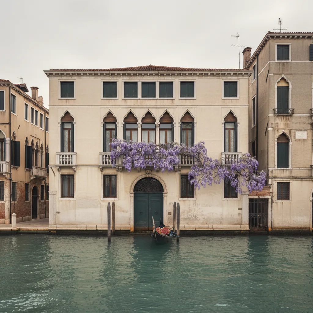 Casa Rezzonico, a Dorsoduro palazzo facade with wisteria above a small private canal entrance
