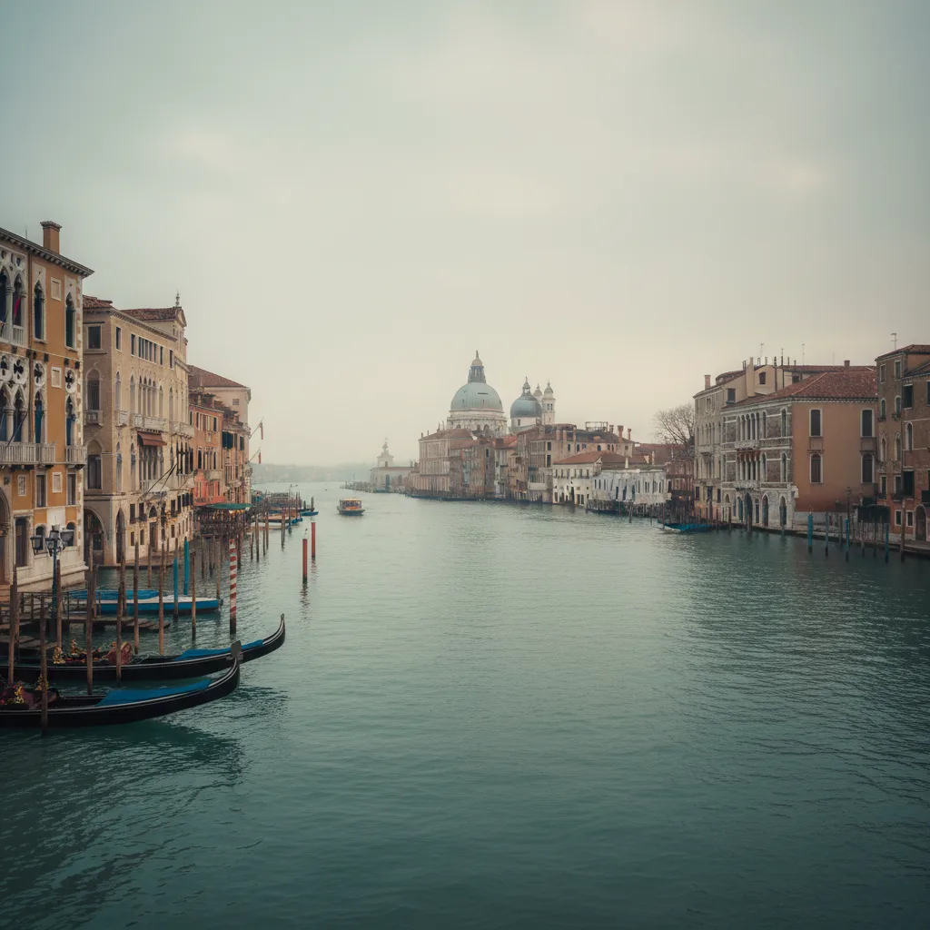 The Grand Canal at first light, gondolas moored along the fondamenta, the Salute dome in the distance