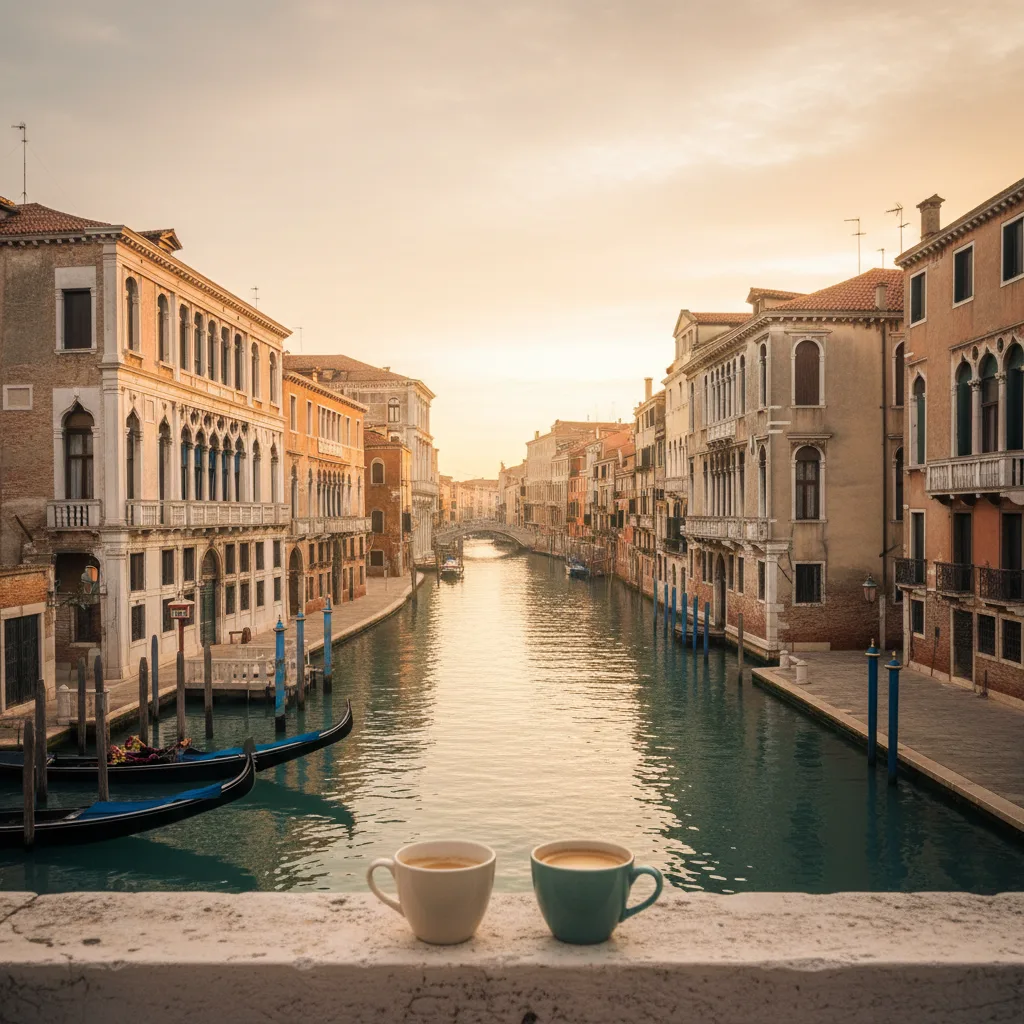 A quiet Venetian canal at golden hour, two coffee cups on a palazzo balcony ledge, Venice below