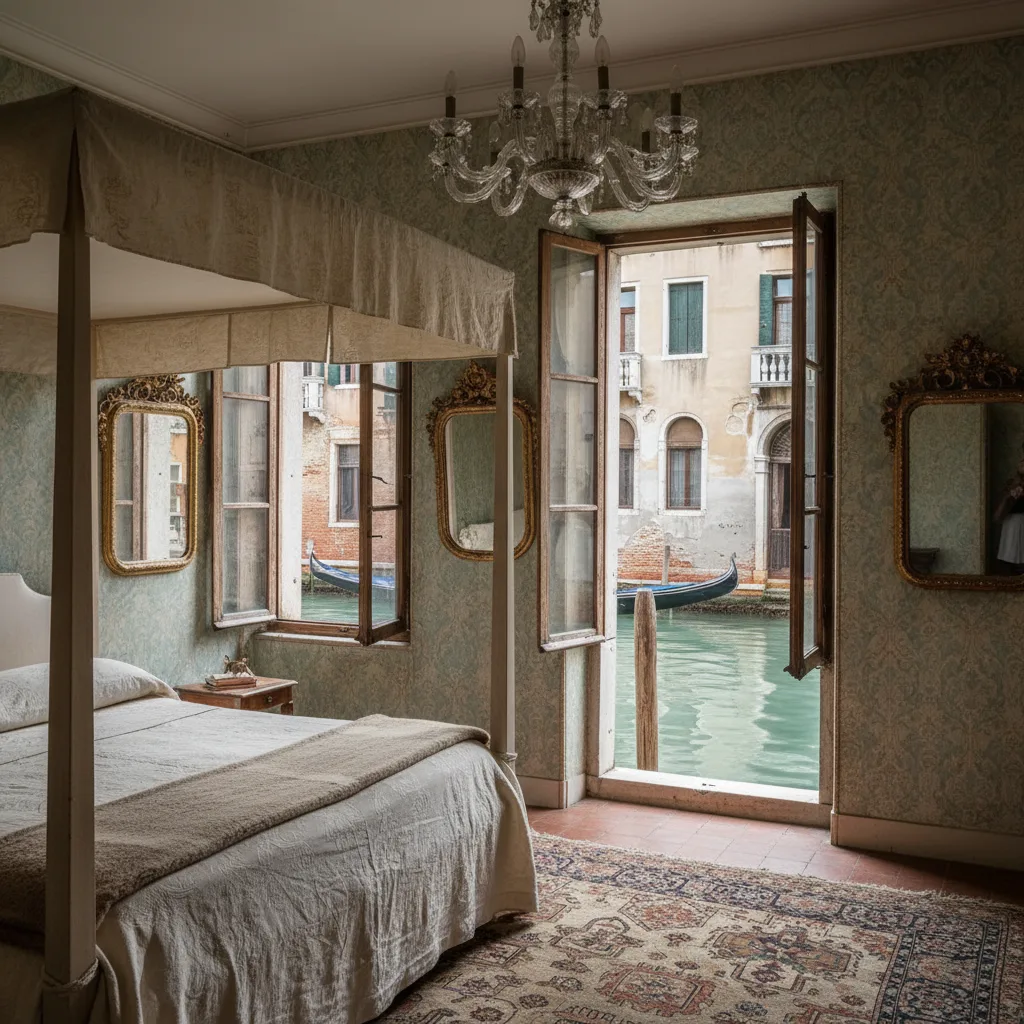Palazzo bedroom with tall shutters open onto a quiet side canal