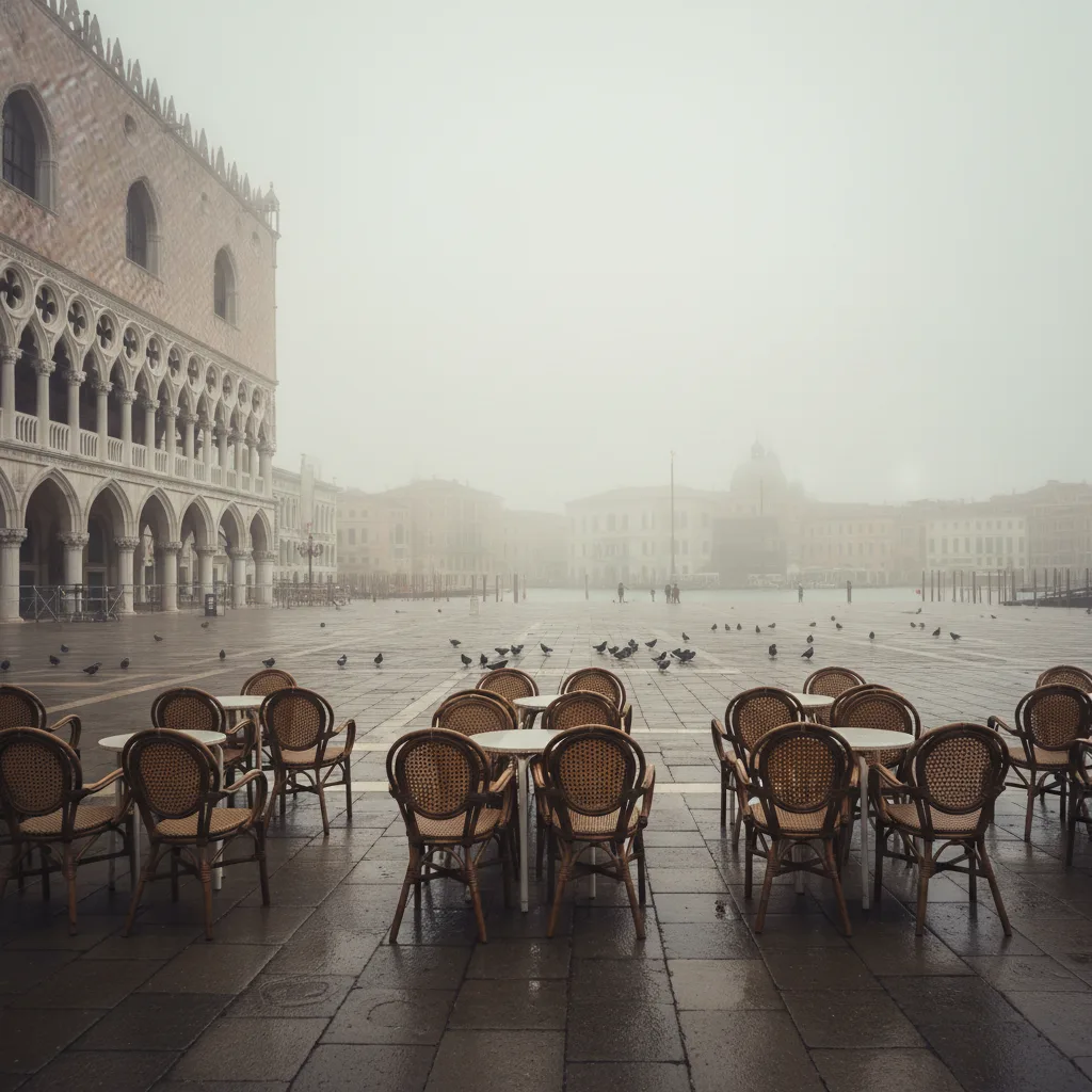 Quiet San Marco square in November fog with empty chairs outside Caffe Florian