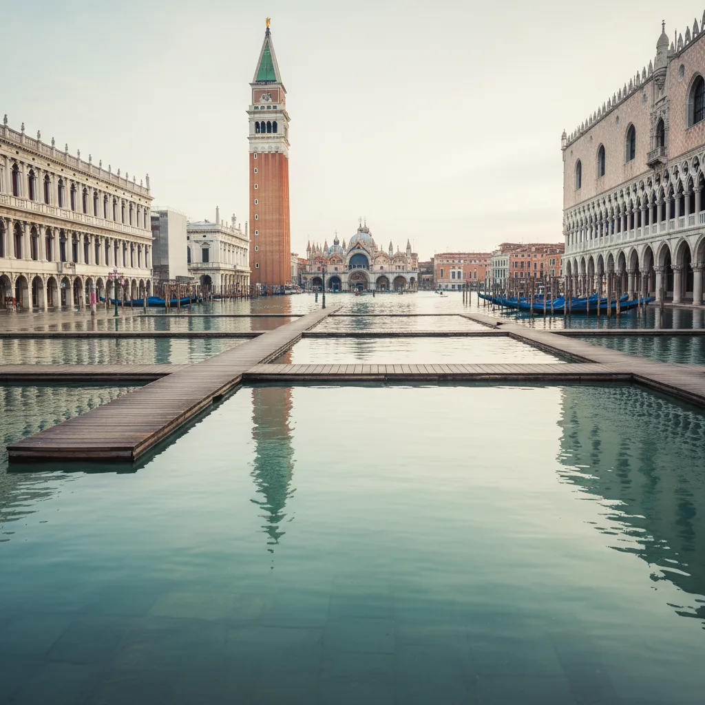 Raised walkways across St Mark's Square at high tide