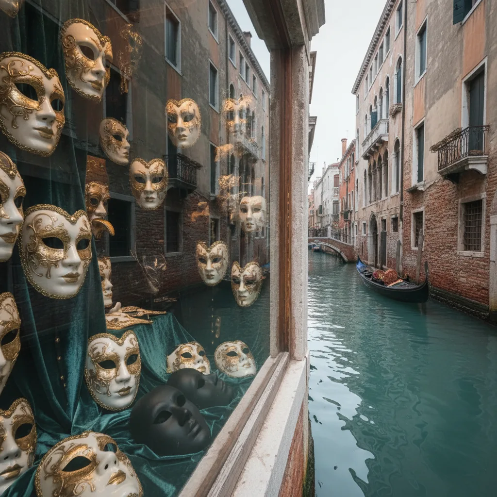 Traditional Venetian Bauta and Moretta masks in a shop window