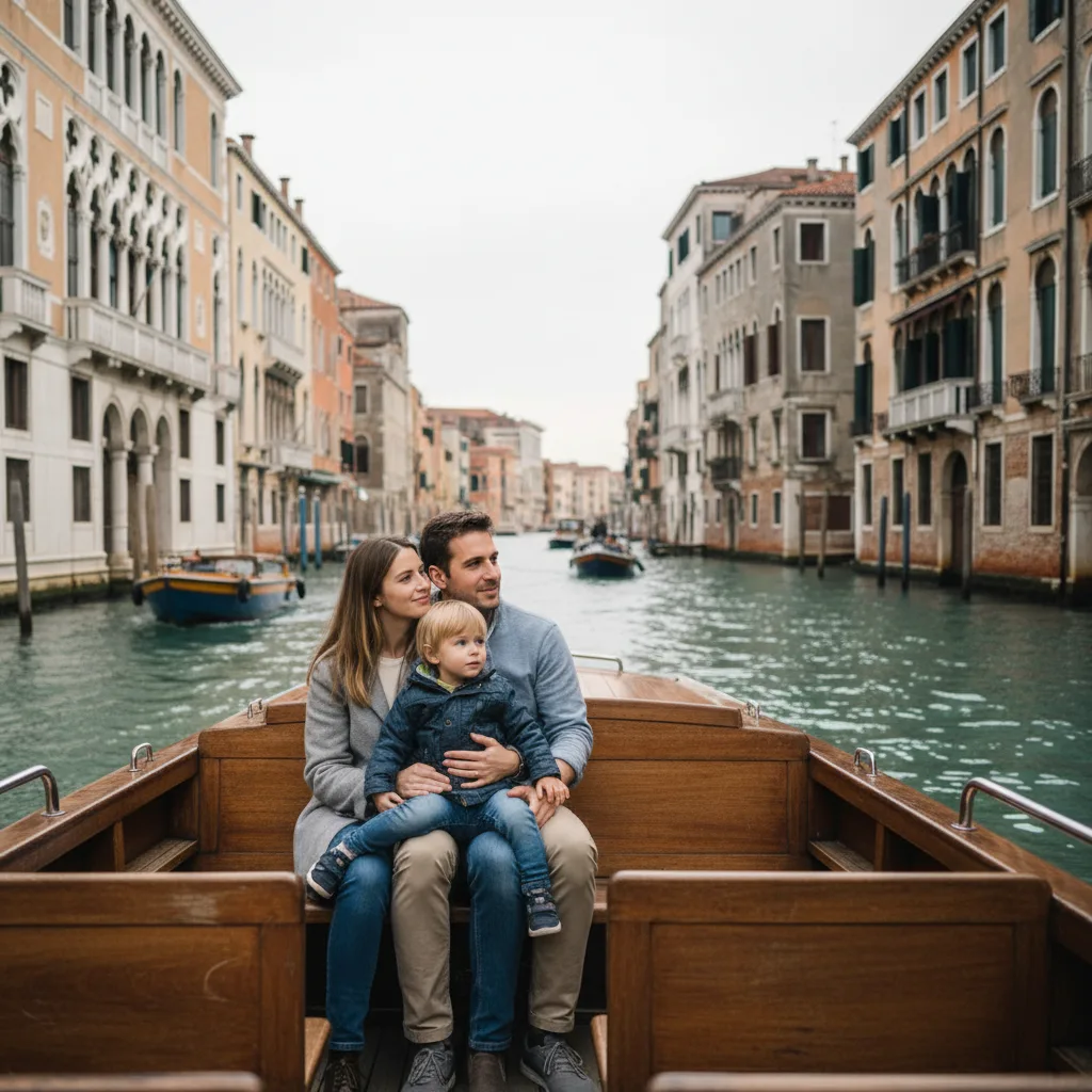 Family with a young child on a vaporetto in Venice