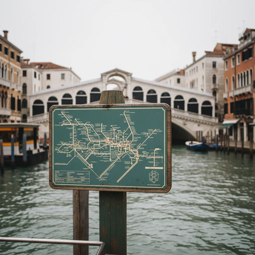 Vaporetto stop sign at Rialto with route diagram