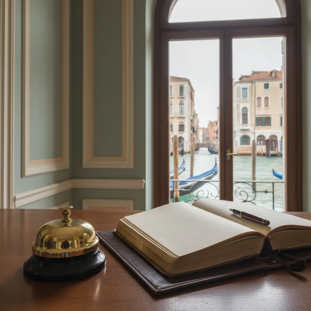 Hotel reception with a brass directory bell and leather-bound guest book