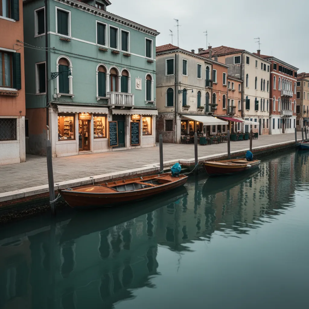 Fondamenta della Misericordia in Cannaregio at early evening, a line of bacari with chalkboards, a pair of moored boats and lit windows reflecting in the canal