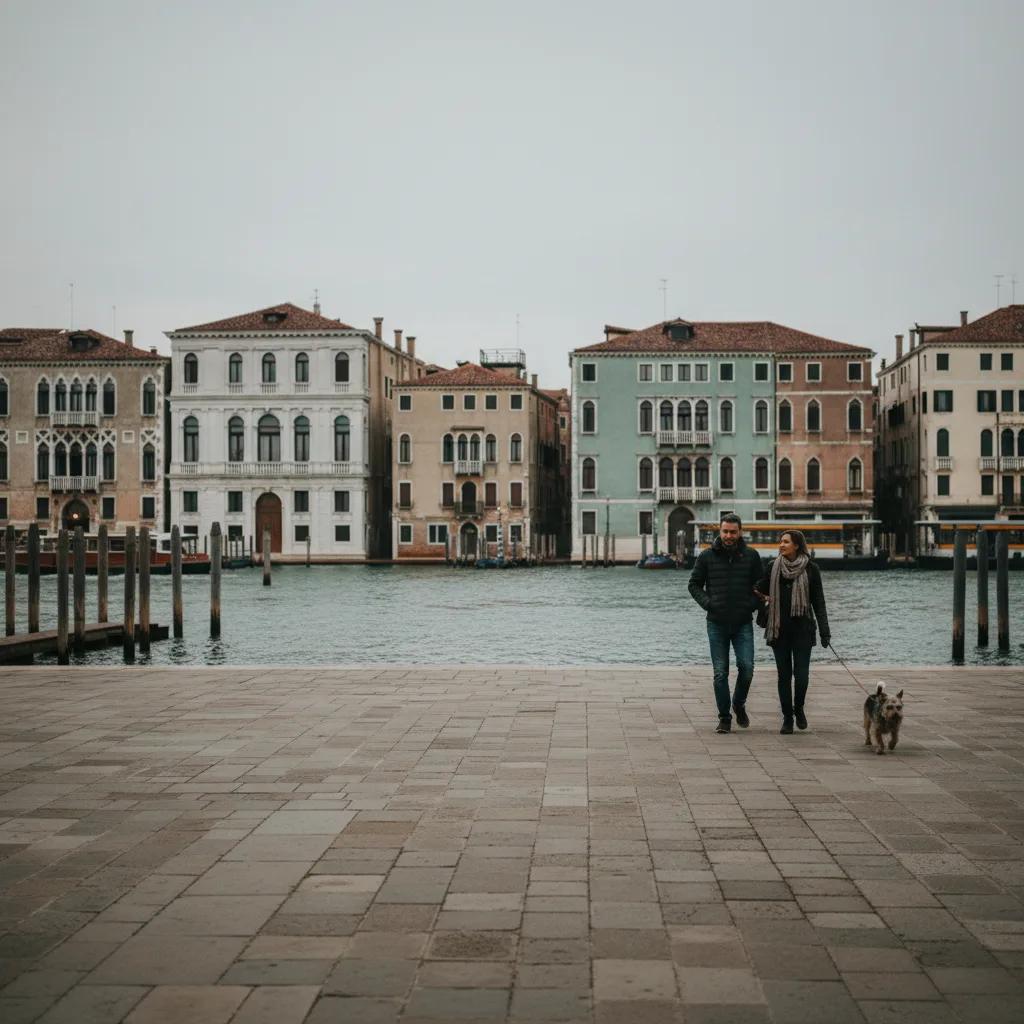 Zattere promenade at dusk facing the Giudecca Canal, wide stone fondamenta, a couple walking with a dog, neutral overcast light