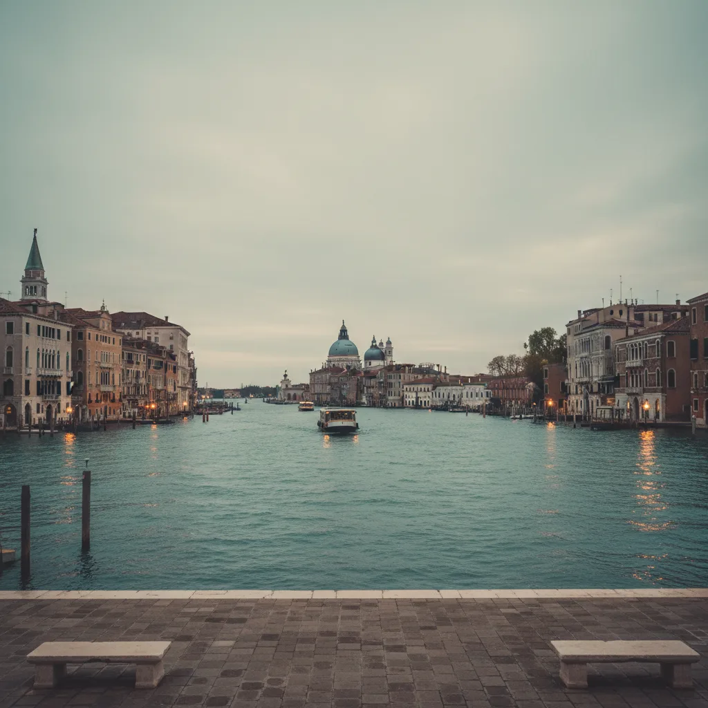 Giudecca fondamenta at blue hour looking across the Canale della Giudecca to the Salute and San Marco skyline, a passing vaporetto