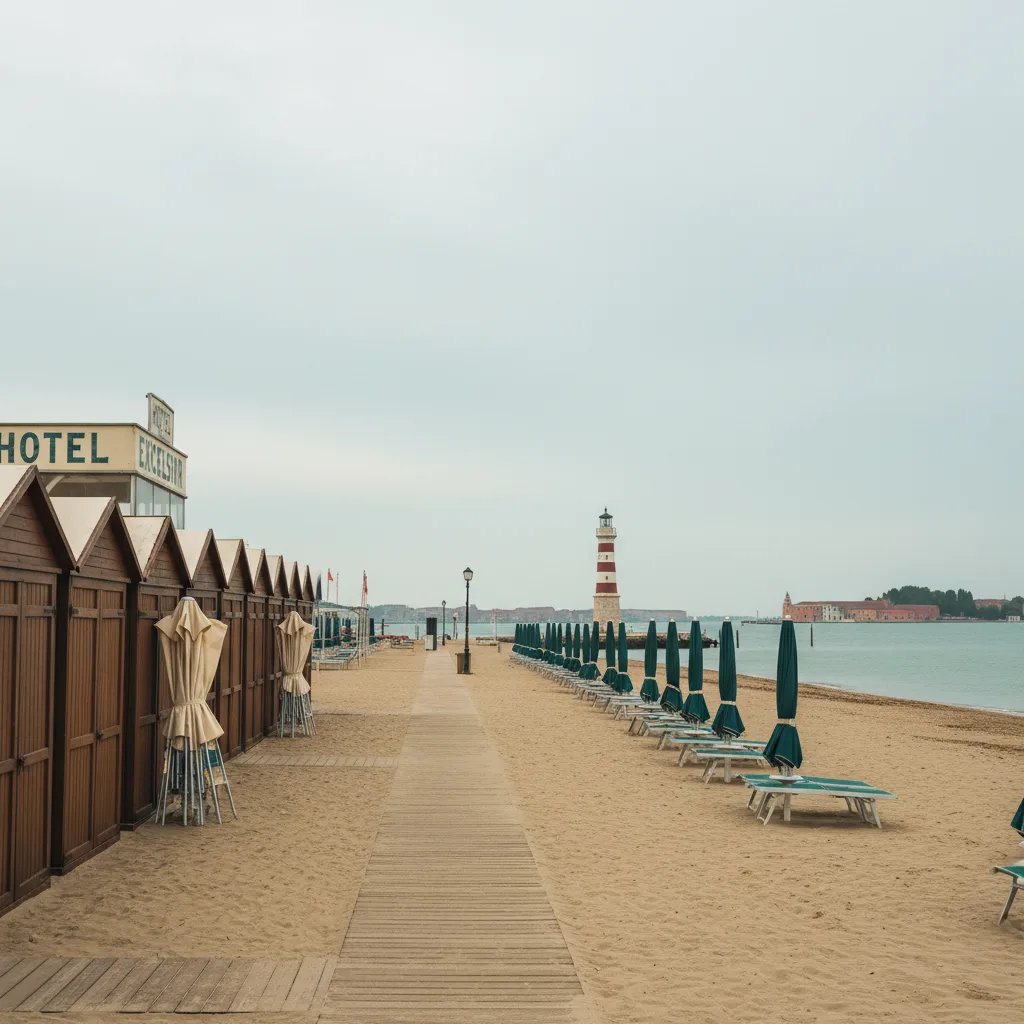 Lido beach boardwalk in September with cabanas closed at the Excelsior, umbrellas folded and the San Nicolo lighthouse visible down the sand