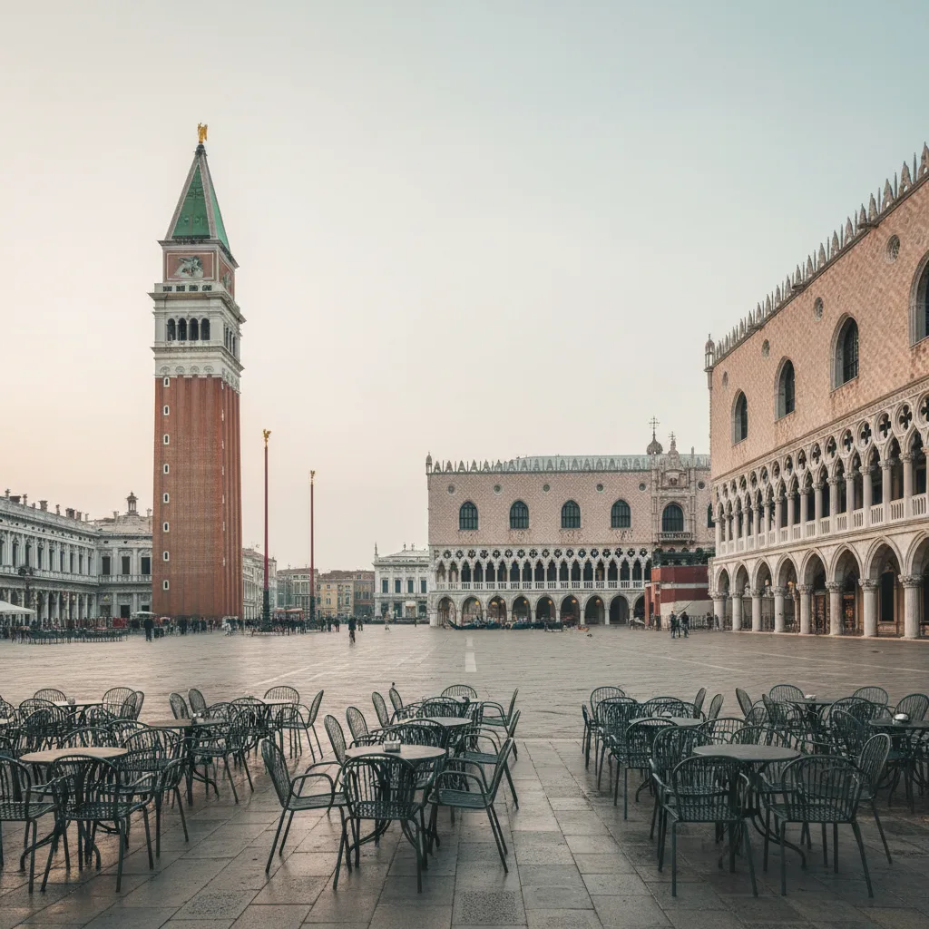 Saint Mark's Square at first light with the campanile, Doge's Palace and empty cafe chairs in Piazza San Marco, neutral overcast daylight