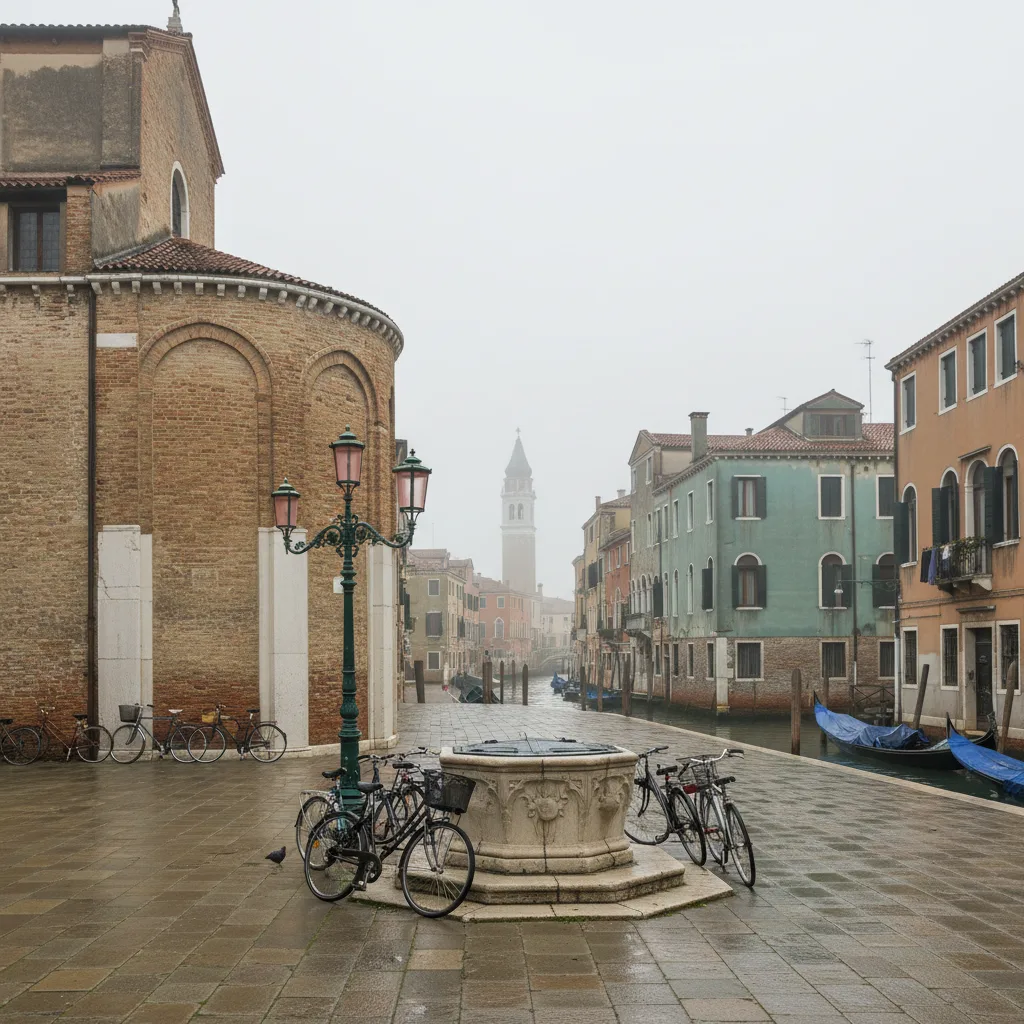 Campo San Giacomo dell'Orio in Santa Croce on an overcast morning, brick apse of the church, a well-head and a few bicycles, neutral daylight